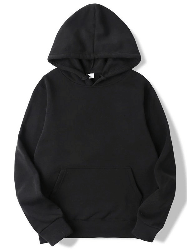Fashion solid color men's sweatshirt with hood and pockets - comfortable casual black hoodie, perfect for any weather.
